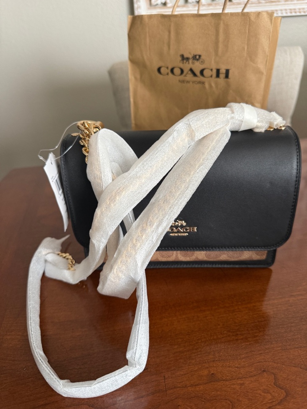 COACH Klare Black and Brown Signature-Trim Chain Crossbody NWT - Picture 11 of 15